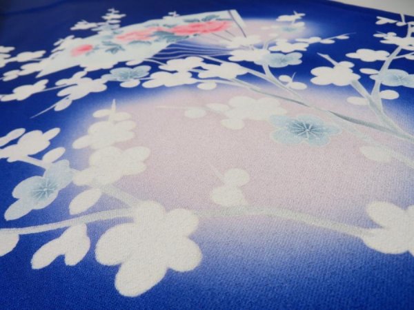 Photo4: 4J02z70  Japanese Kimono Silk  FABRIC Plum branch Dark blue 48.0x14.6 (4)