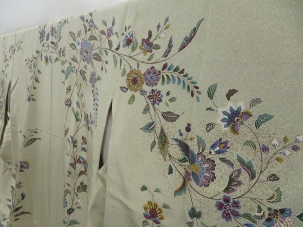 Photo2: 3023T10z1070  Japanese Kimono Silk TSUKESAGE Flowers Sage green (2)