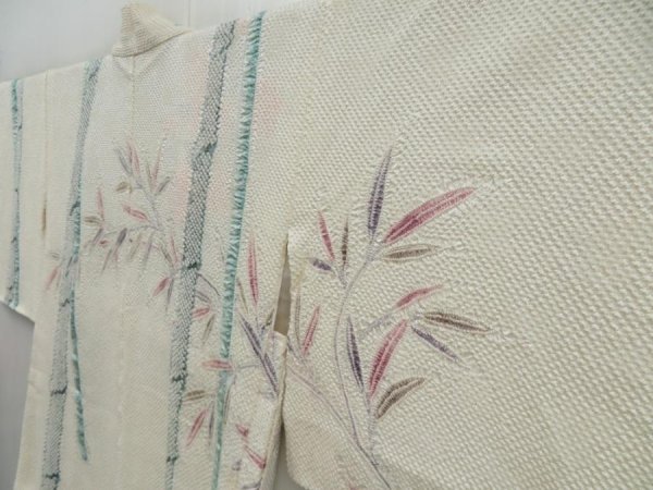 Photo2: 3210T11z550  Japanese Kimono Silk SHIBORI HAORI Bamboo Off-white (2)