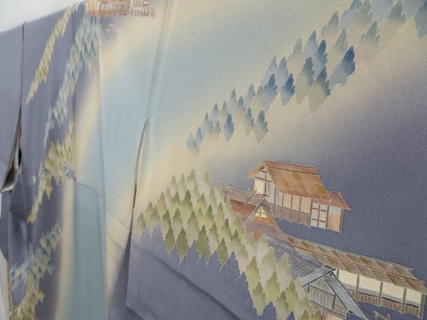 Photo2: 3217T01z1100  Japanese Kimono Silk TSUKESAGE Old scenery Ash purple (2)