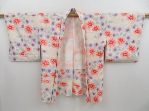 Photo5: 3217T09z480  Japanese Kimono Silk SHIBORI HAORI Flowers Off-white (5)