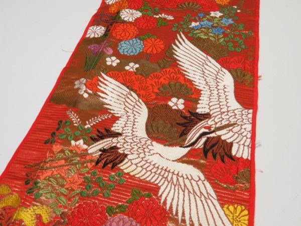 Photo3: 1E05z240  Japanese Kimono Silk UCHIKAKE FABRIC Crane Orange-Red 68.5x14.2 (3)