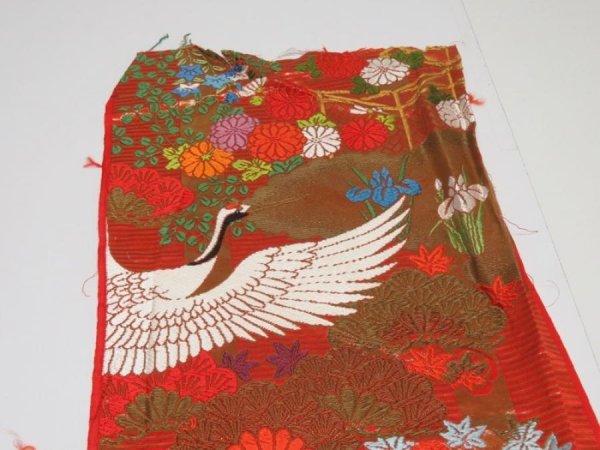 Photo5: 1E08z260  Japanese Kimono Silk UCHIKAKE FABRIC Crane Orange-Red 77.2x14.2 (5)