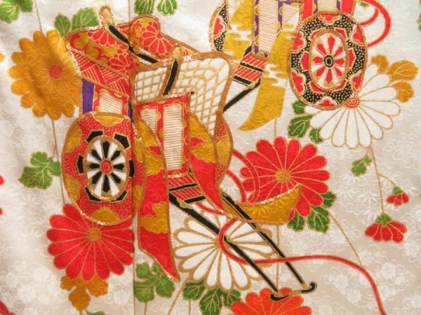 Photo8: 3312T14z1040  Japanese Kimono Silk FURISODE Royal cart Off-white (8)
