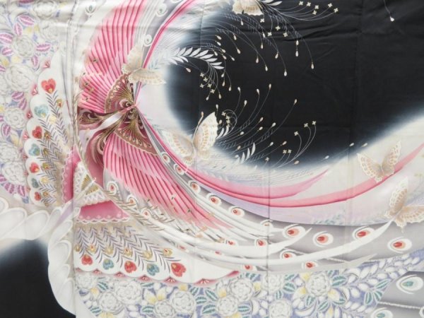 Photo7: 3313T14z1140  Japanese Kimono Silk FURISODE Butterfly Black (7)