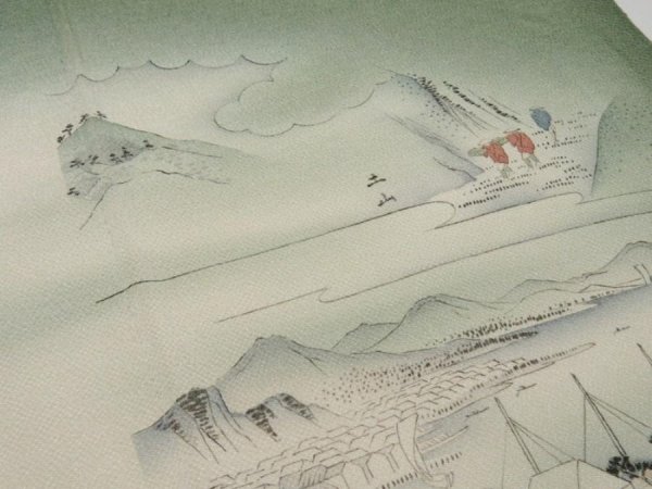 Photo3: 4J03z80  Japanese Kimono Silk  FABRIC Edo era scenery Grass green 46.5x14.2 (3)