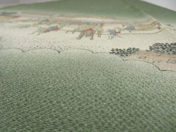 Photo4: 4J04z70  Japanese Kimono Silk  FABRIC Edo era scenery Grass green 46.5x14.2 (4)