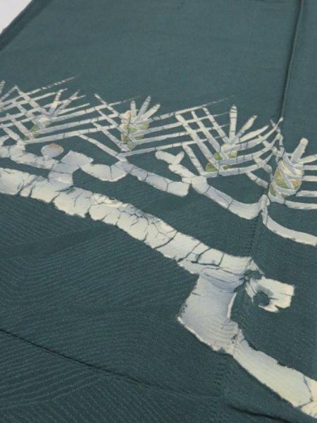 Photo2: 4J01z70 Vintage Japanese Kimono Silk  FABRIC Pine branch Dull cyan 46.5x13.8 (2)