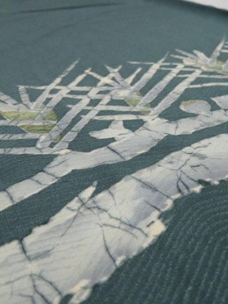 Photo3: 4J01z70 Vintage Japanese Kimono Silk  FABRIC Pine branch Dull cyan 46.5x13.8 (3)