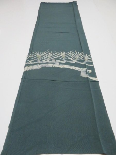 Photo4: 4J01z70 Vintage Japanese Kimono Silk  FABRIC Pine branch Dull cyan 46.5x13.8 (4)