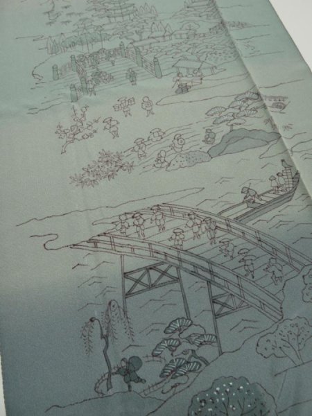 Photo2: 4K03z90  Japanese Kimono Silk  FABRIC Edo era scenery Blue-Gray 71.7x15.0 (2)