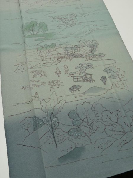 Photo2: 4K05z90  Japanese Kimono Silk  FABRIC Edo era scenery Blue-Gray 71.7x15.0 (2)