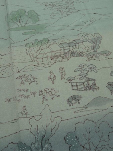 Photo5: 4K05z90  Japanese Kimono Silk  FABRIC Edo era scenery Blue-Gray 71.7x15.0 (5)