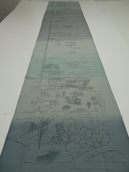 Photo7: 4K05z90  Japanese Kimono Silk  FABRIC Edo era scenery Blue-Gray 71.7x15.0 (7)