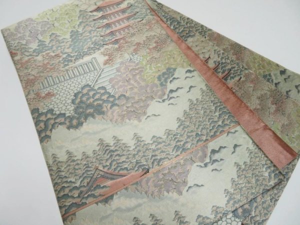 Photo1: 3509Y08z900  Japanese Kimono Silk FUKURO OBI Tower Light gray 170.1x12.2 (1)