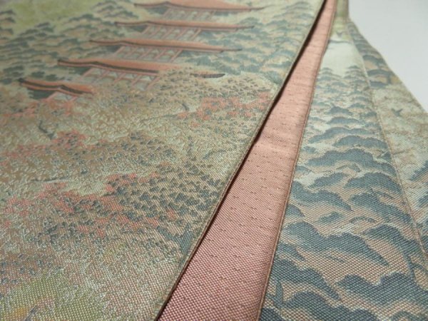 Photo2: 3509Y08z900  Japanese Kimono Silk FUKURO OBI Tower Light gray 170.1x12.2 (2)