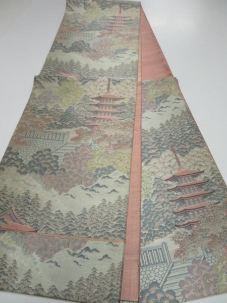 Photo3: 3509Y08z900  Japanese Kimono Silk FUKURO OBI Tower Light gray 170.1x12.2 (3)
