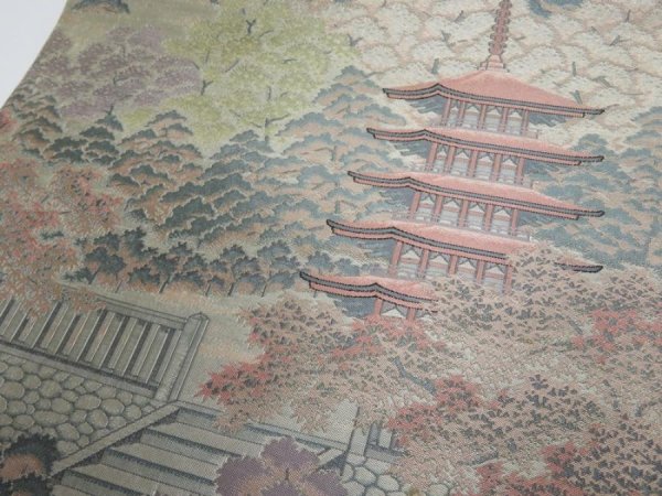 Photo4: 3509Y08z900  Japanese Kimono Silk FUKURO OBI Tower Light gray 170.1x12.2 (4)