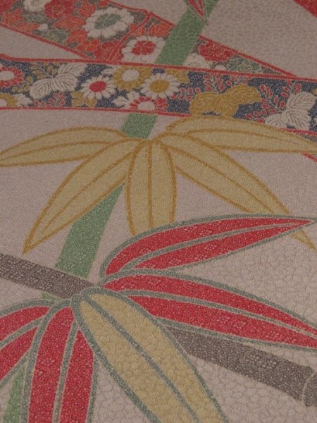 Photo2: 3R02z60  Japanese Kimono Silk  FABRIC Bamboo grass Brown-Gray 43.3x13.8 (2)