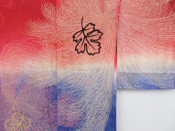 Photo3: 3513T05z450 Antique Japanese Kimono Silk HAORI Chrysanthemum Dark red (3)