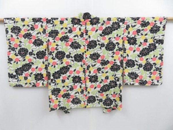 Photo1: 3514T12z610 Vintage Japanese Kimono Silk HAORI Flowers Off-white (1)