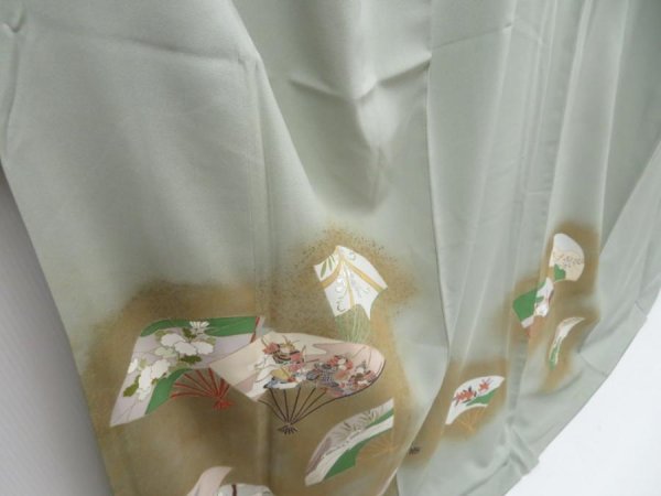 Photo3: 3522T03z950 Vintage Japanese Kimono Silk TSUKESAGE Folding fan Celadon (3)