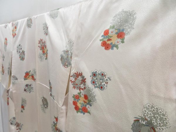 Photo2: 3522T07z770 Vintage Japanese Kimono Silk KOMON Flowers Off-white (2)