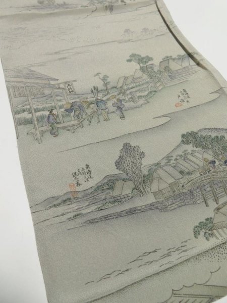 Photo2: 4G01z70  Japanese Kimono Crepe Silk  FABRIC Ukiyoe Light gray 39.4x14.2 (2)