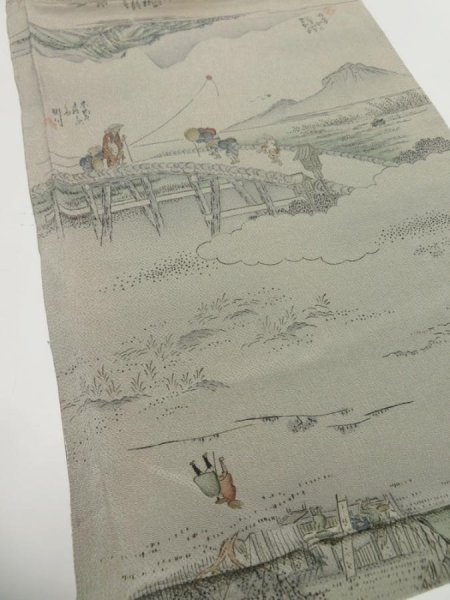 Photo2: 4G02z70  Japanese Kimono Crepe Silk  FABRIC Ukiyoe Light gray 38.6x14.2 (2)