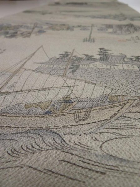 Photo4: 4G05z110  Japanese Kimono Crepe Silk  FABRIC Ukiyoe Light gray 64.6x14.2 (4)