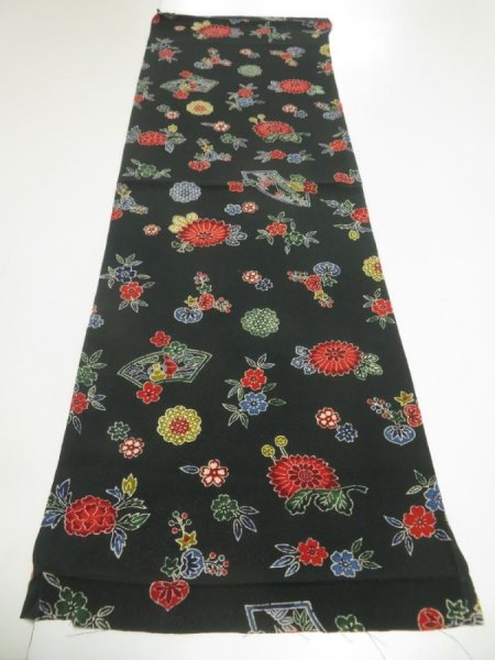 Photo5: 4J02z60  Japanese Kimono Crepe Silk  FABRIC Flowers Dark green 39.4x14.2 (5)