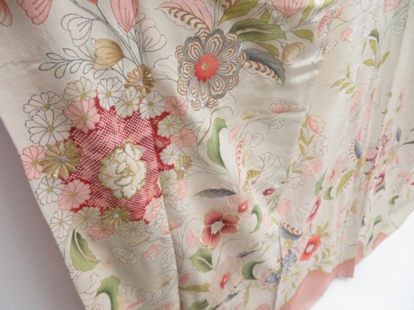 Photo3: 3604T05z860 Vintage Japanese Kimono Silk TSUKESAGE Flowers Sand beige (3)