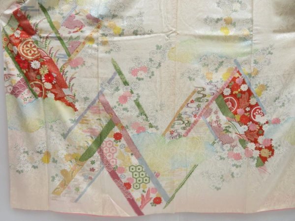 Photo5: 3611T02z980 Vintage Japanese Kimono Silk FURISODE Chrysanthemum Light peach (5)