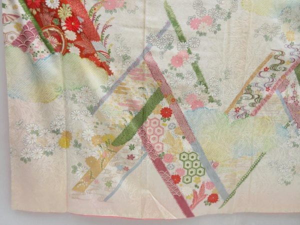 Photo6: 3611T02z980 Vintage Japanese Kimono Silk FURISODE Chrysanthemum Light peach (6)
