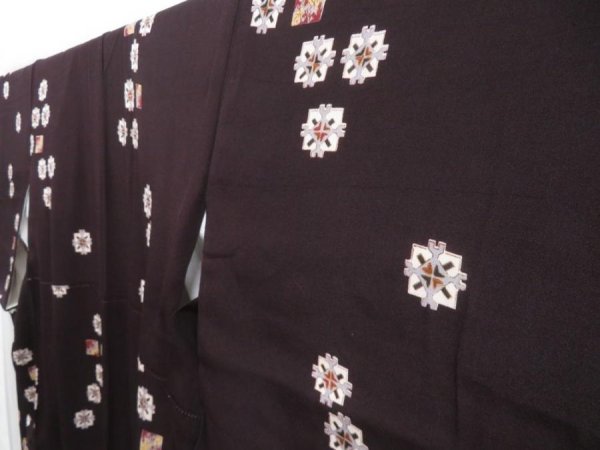 Photo2: 3611T03z740 Vintage Japanese Kimono Silk KOMON Flower Dark brown (2)