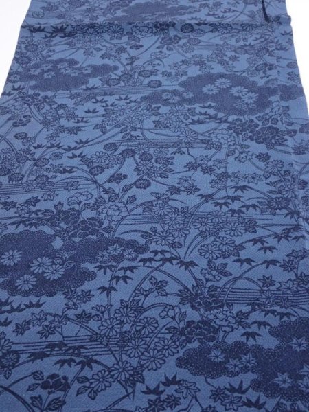 Photo1: 4L02z60  Japanese Kimono Crepe Silk  FABRIC Flowers Indigo 40.2x14.2 (1)
