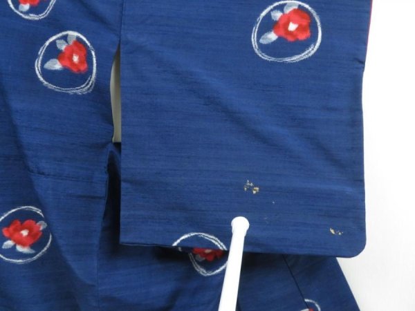 Photo6: 3813T08z850 Vintage Japanese Kimono Silk TSUMUGI Camellia Dark blue (6)