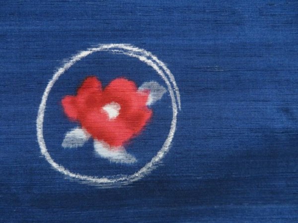 Photo7: 3813T08z850 Vintage Japanese Kimono Silk TSUMUGI Camellia Dark blue (7)