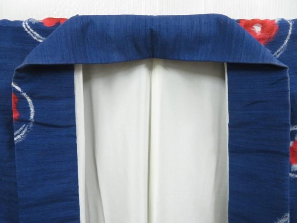 Photo8: 3813T08z850 Vintage Japanese Kimono Silk TSUMUGI Camellia Dark blue (8)