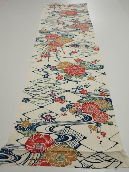 Photo5: 2L01z70  Japanese Kimono Silk  FABRIC Katazome Off-white 45.7x14.2 (5)