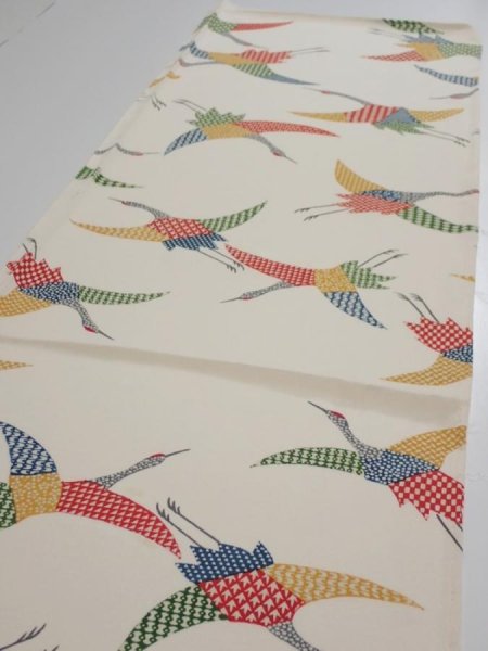 Photo3: 2K02z80  Japanese Kimono Silk  FABRIC Crane Off-white 59.8x14.2 (3)