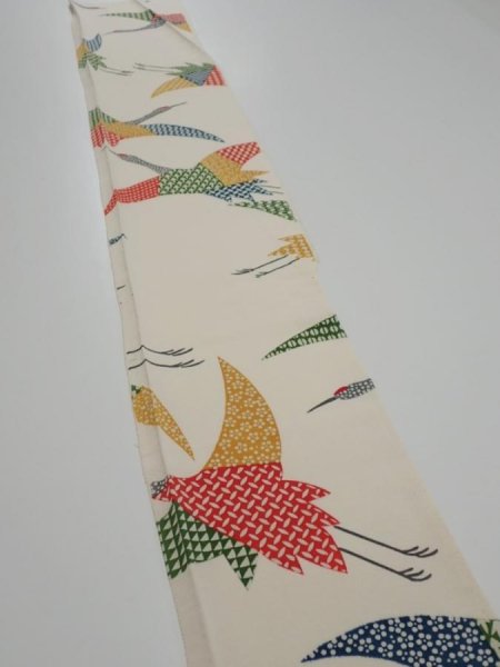 Photo3: 2K07z30  Japanese Kimono Silk  FABRIC Crane Off-white 43.3x6.7 (3)