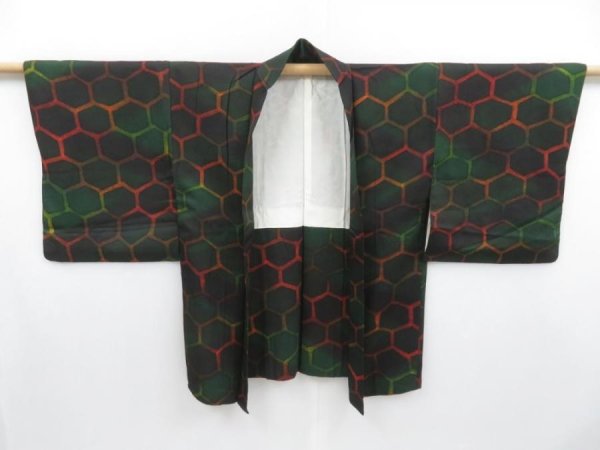 Photo5: 3816T06z590 Vintage Japanese Kimono Silk HAORI Kikko Dark green (5)