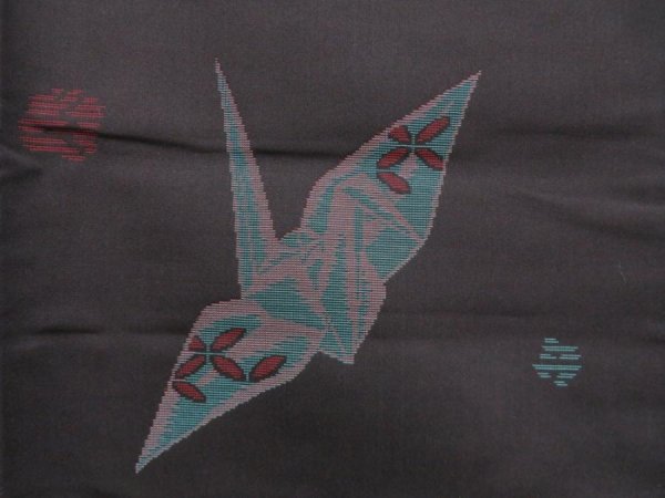 Photo7: 3821T02z650 Vintage Japanese Kimono Silk OMESHI KOMON Origami crane (7)