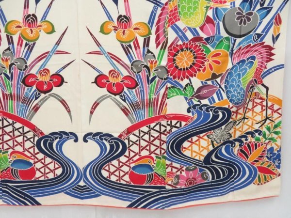 Photo7: 3904T13z1110 Vintage Japanese Kimono Silk FURISODE Bingata Off-white (7)