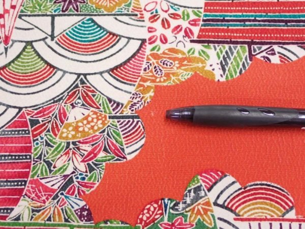 Photo6: 2S06z130  Japanese Kimono Silk  FABRIC Ship Orange-Red 86.6x14.0 (6)