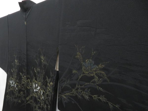 Photo2: 3913T02z540 Vintage Japanese Kimono Silk HAORI Flower Black (2)