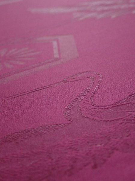 Photo4: 2N03z80  Japanese Kimono Silk  FABRIC Crane Wine red 84.3x15.4 (4)