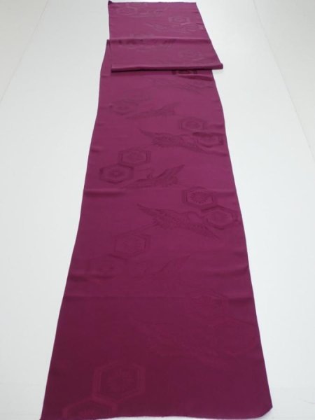 Photo5: 2N03z80  Japanese Kimono Silk  FABRIC Crane Wine red 84.3x15.4 (5)