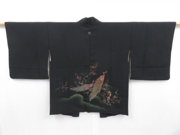 Photo1: 3921T11z530 Vintage Japanese Kimono Silk HAORI Peacock Black (1)